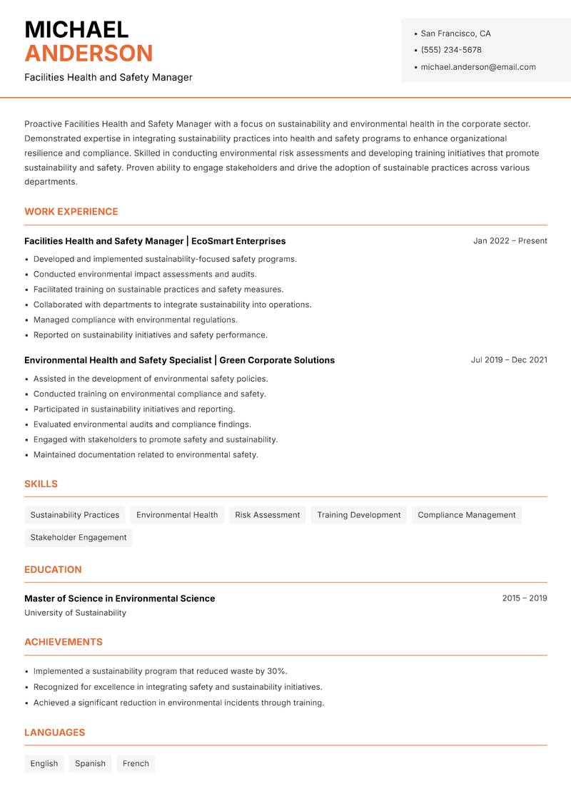 Facilities Health and Safety Manager resume template — Modern Professional