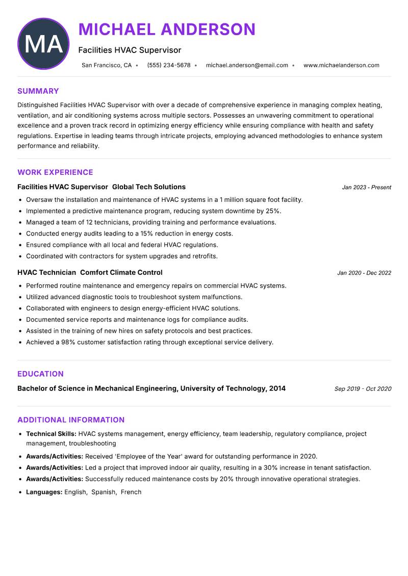 Facilities HVAC Supervisor resume example — ATS-friendly template