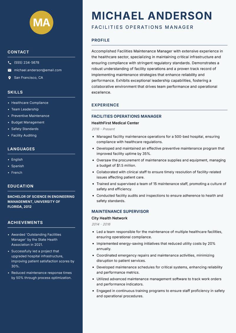 Facilities Maintenance Manager resume template — Classic Clean