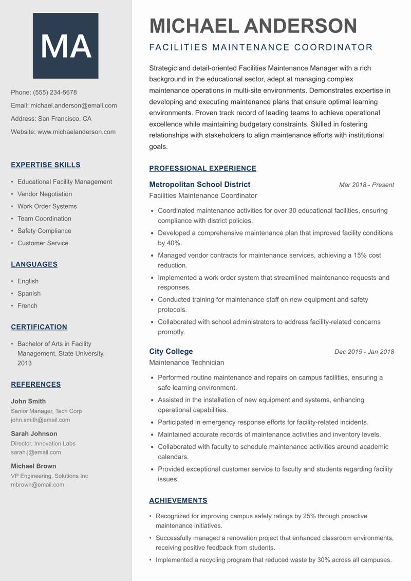 Facilities Maintenance Manager resume template — Creative Minimal
