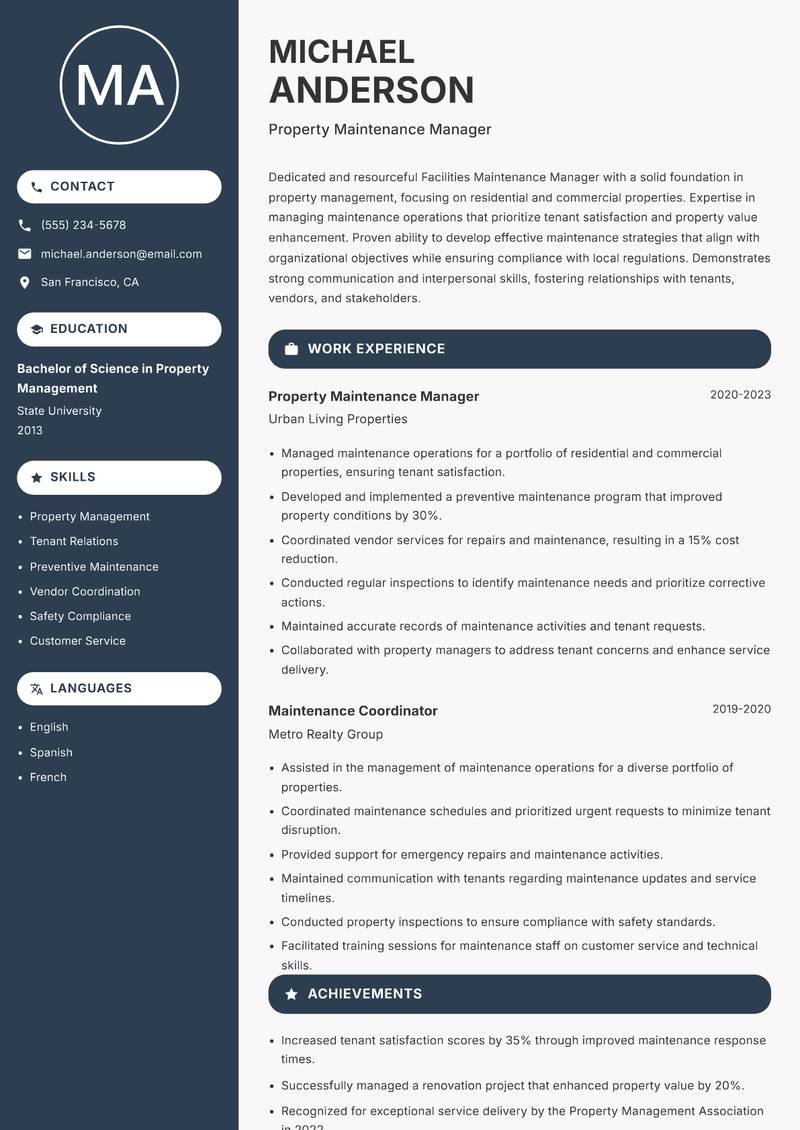 Facilities Maintenance Manager resume template — Compact