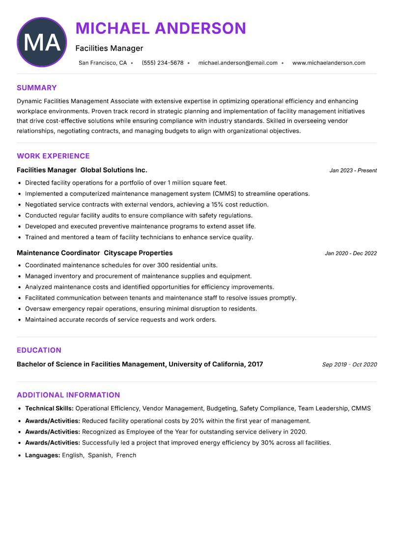 Facilities Management Associate resume example — ATS-friendly template