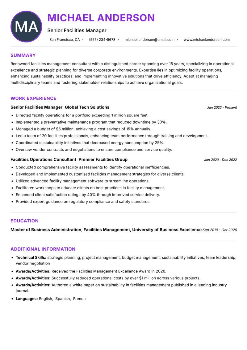 Facilities Management Consultant resume example — ATS-friendly template
