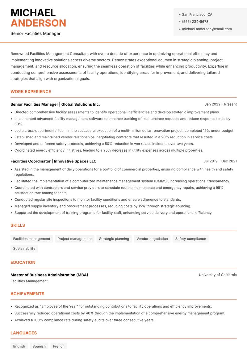 Facilities Management Consultant resume template — Modern Professional