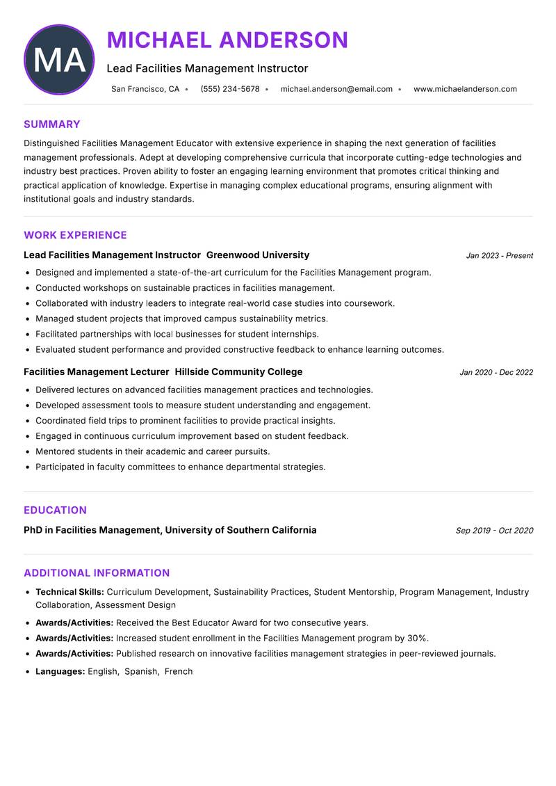 Facilities Management Educator resume example — ATS-friendly template