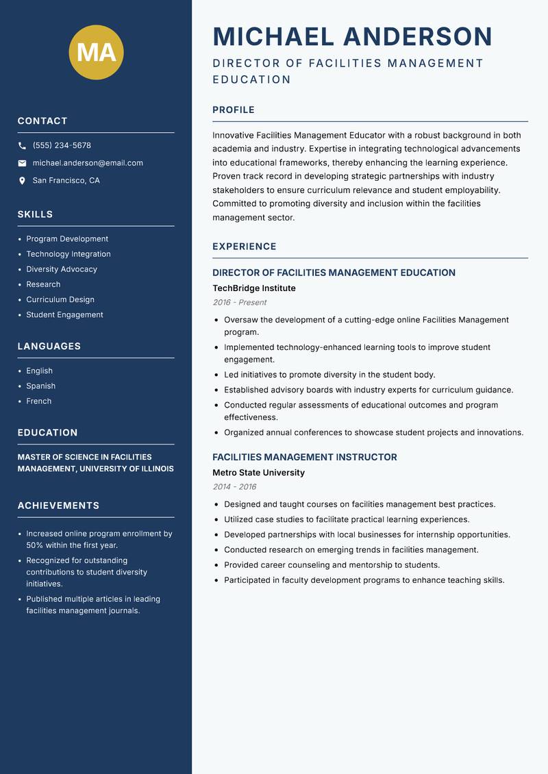 Facilities Management Educator resume template — Classic Clean