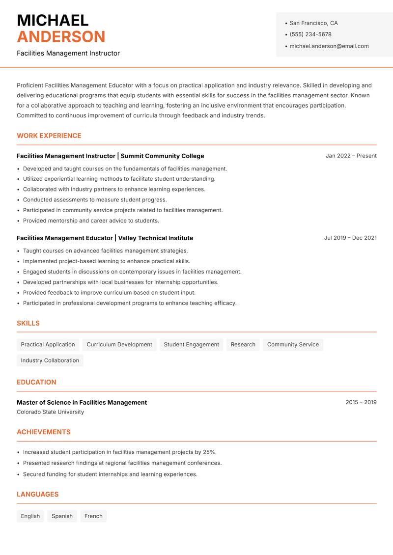 Facilities Management Educator resume template — Modern Professional