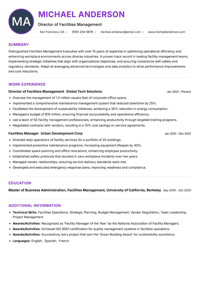 Facilities Management Executive resume example — ATS-friendly template