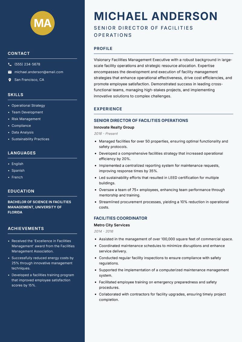 Facilities Management Executive resume template — Classic Clean