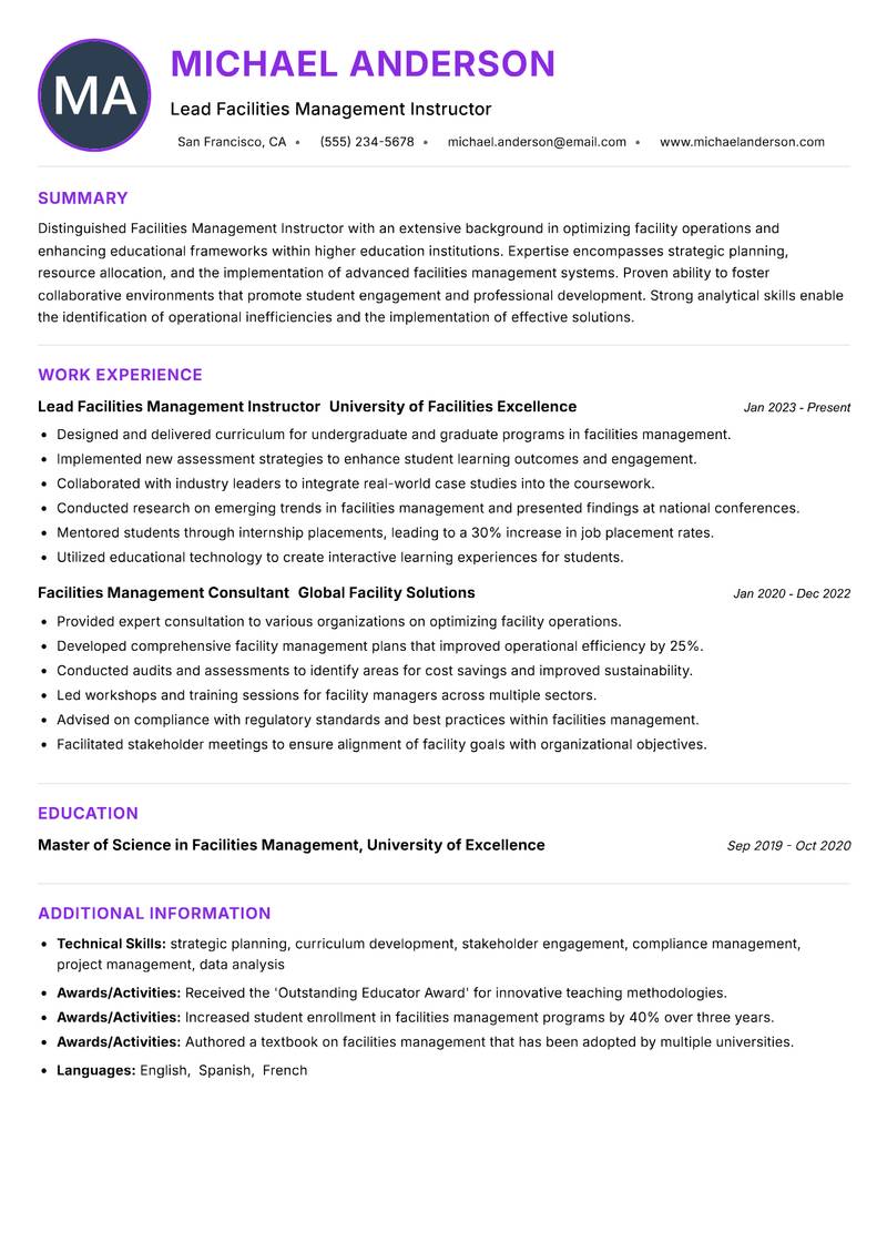 Facilities Management Instructor resume example — ATS-friendly template