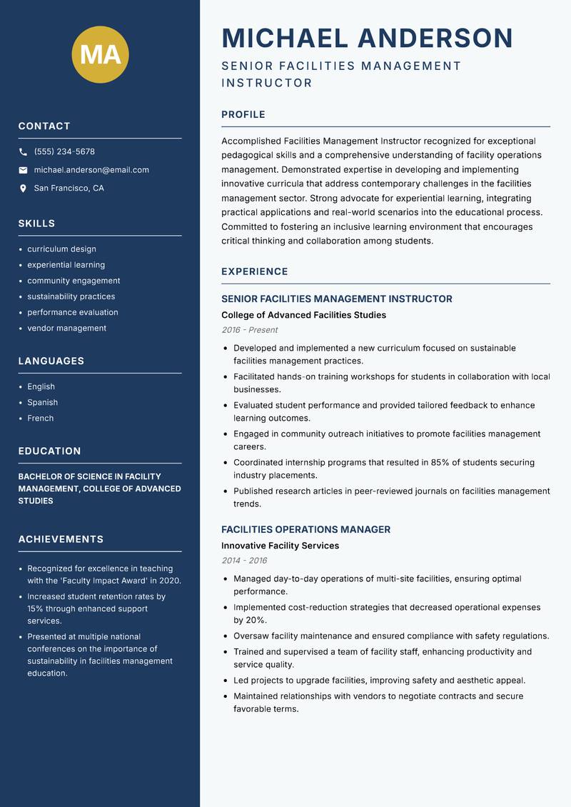 Facilities Management Instructor resume template — Classic Clean
