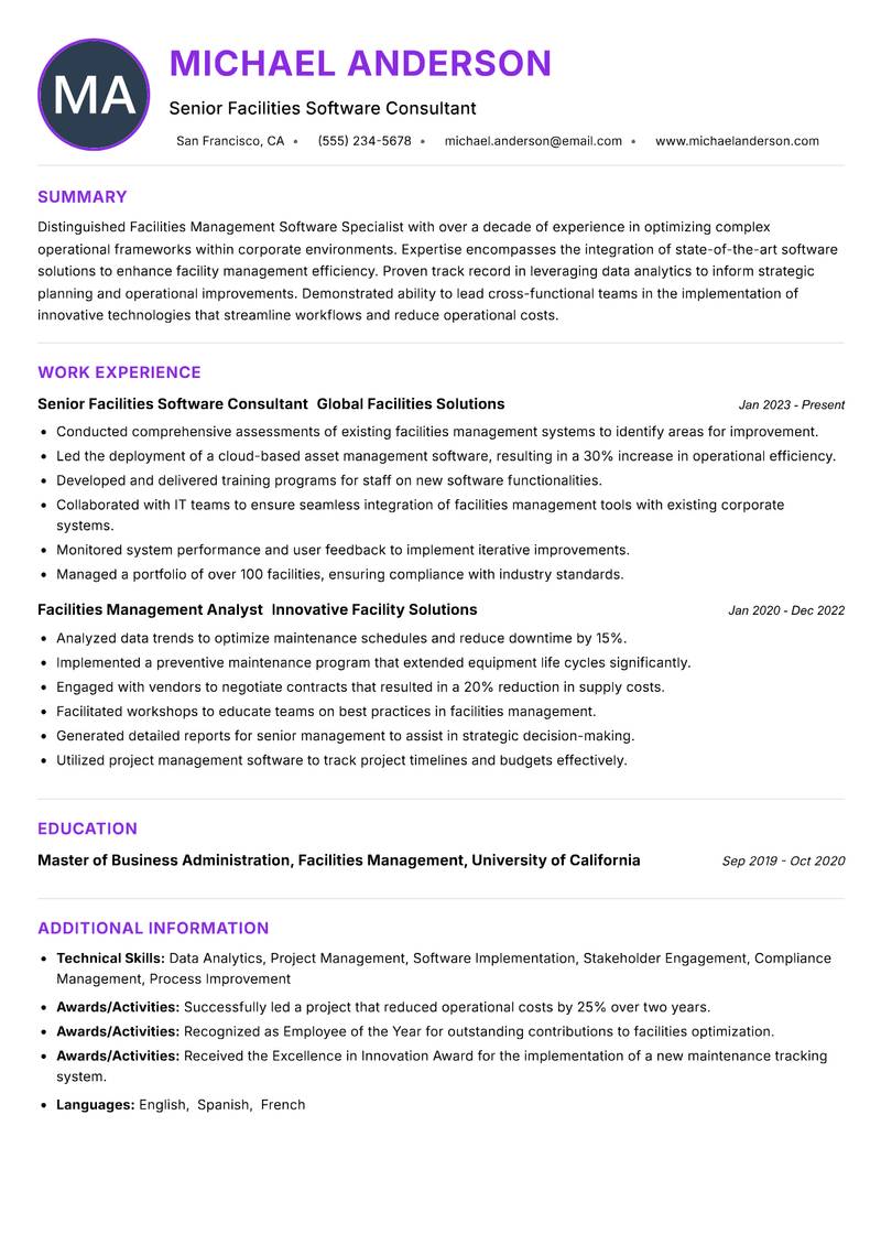 Facilities Management Software Specialist resume example — ATS-friendly template