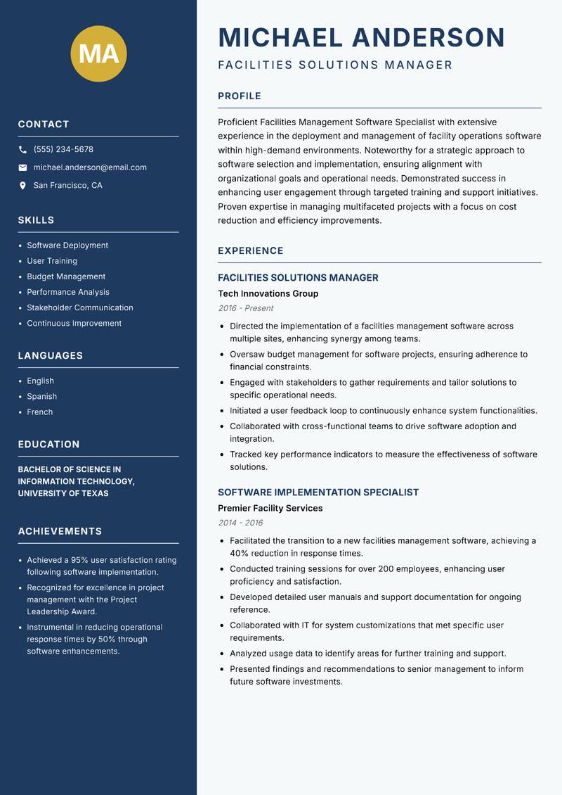 Facilities Management Software Specialist resume template — Classic Clean