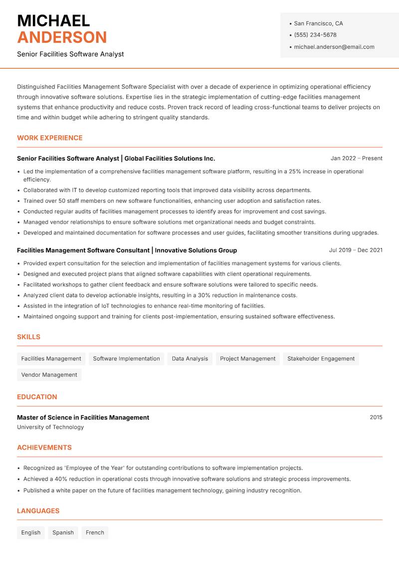 Facilities Management Software Specialist resume template — Modern Professional