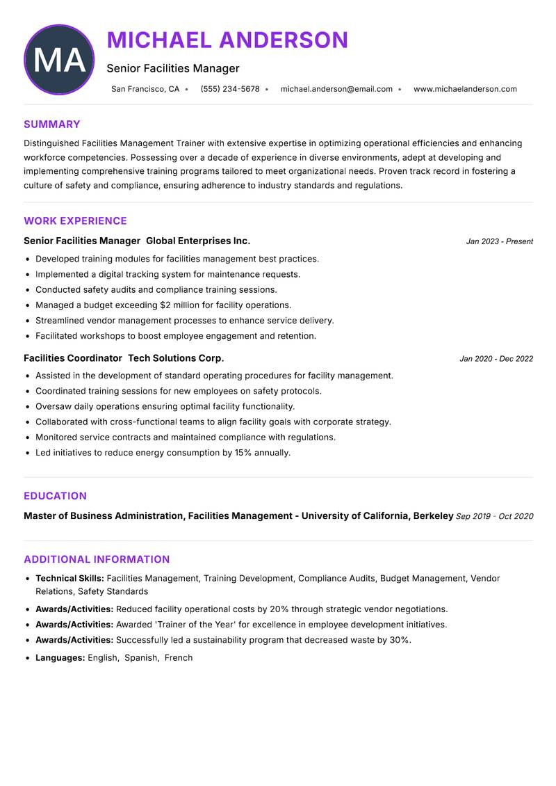 Facilities Management Trainer resume example — ATS-friendly template
