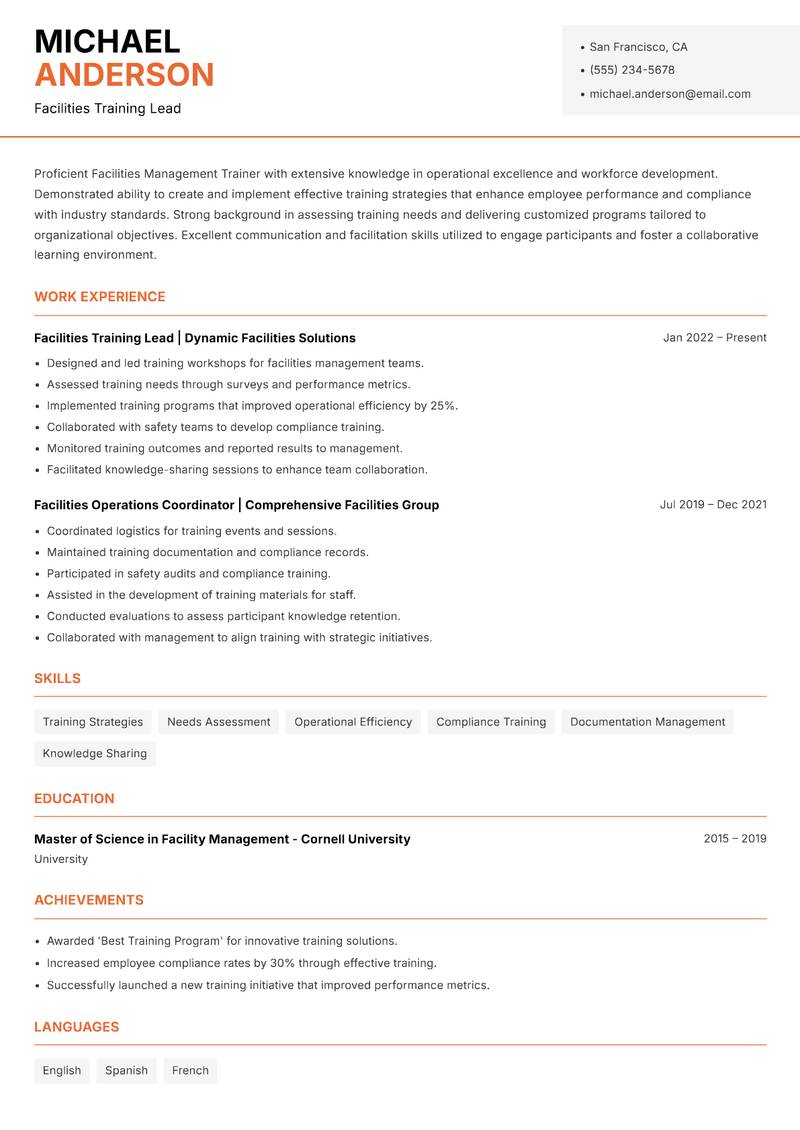 Facilities Management Trainer resume template — Modern Professional