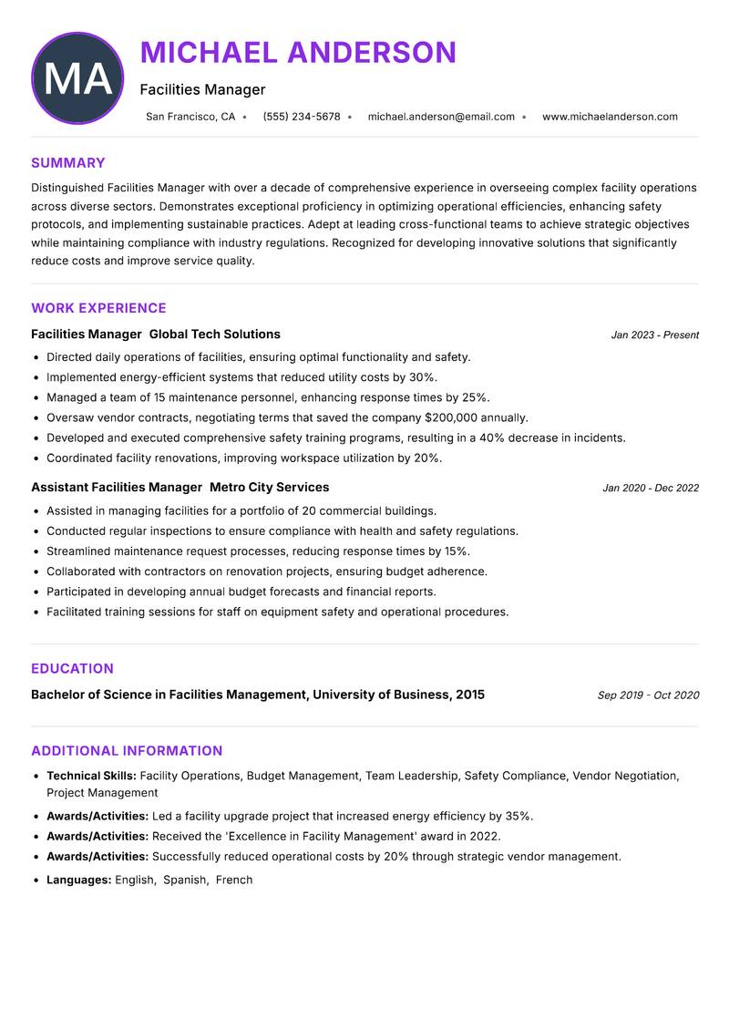 Facilities Manager resume example — ATS-friendly template