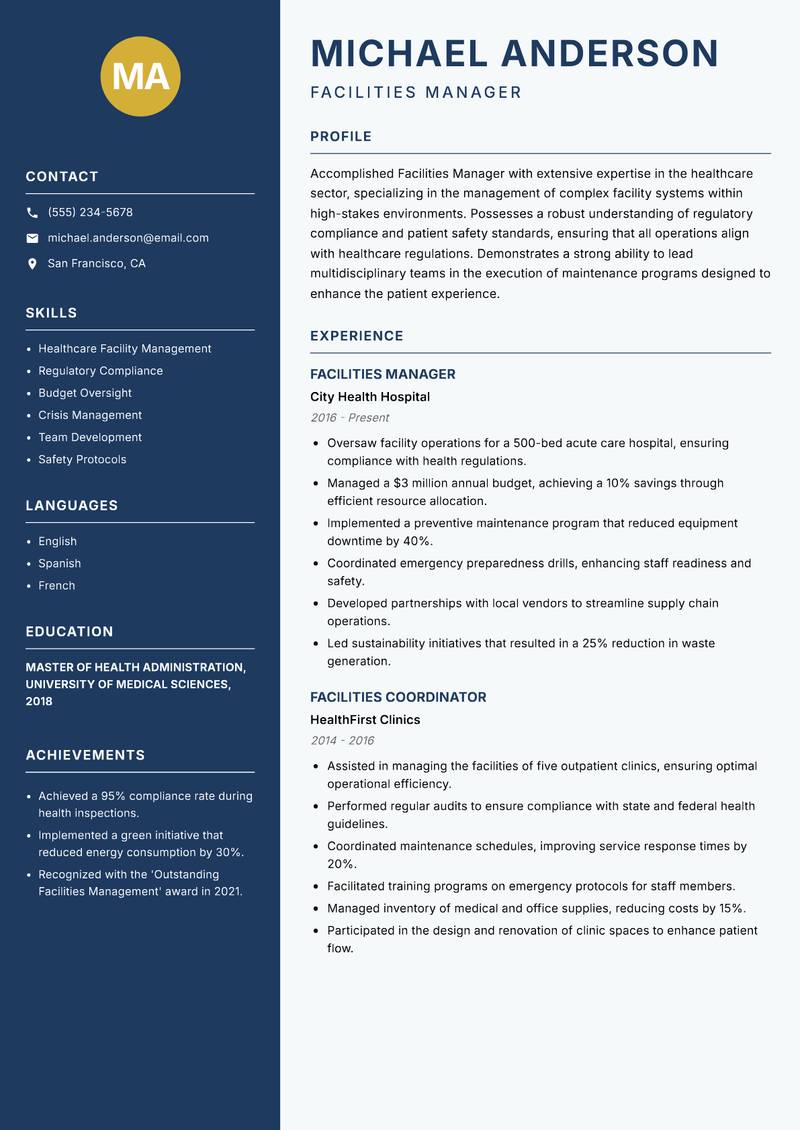 Facilities Manager resume template — Classic Clean
