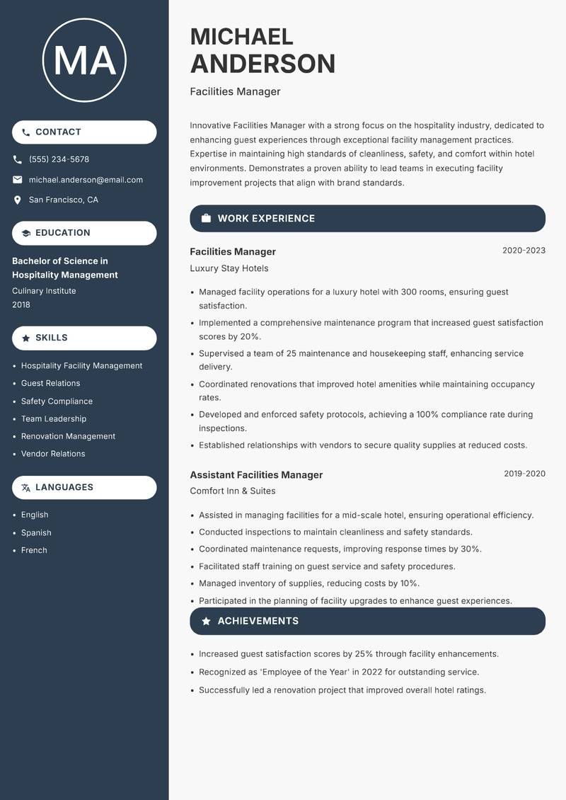 Facilities Manager resume template — Compact
