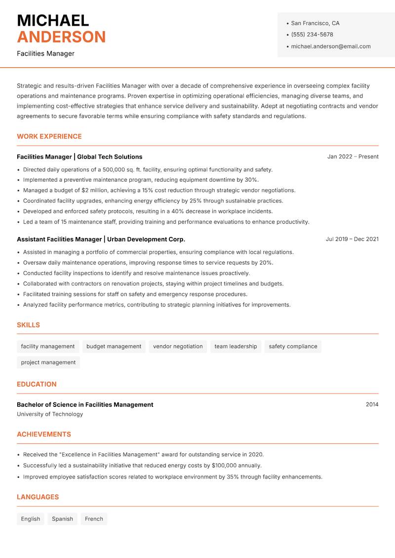 Facilities Manager resume template — Modern Professional