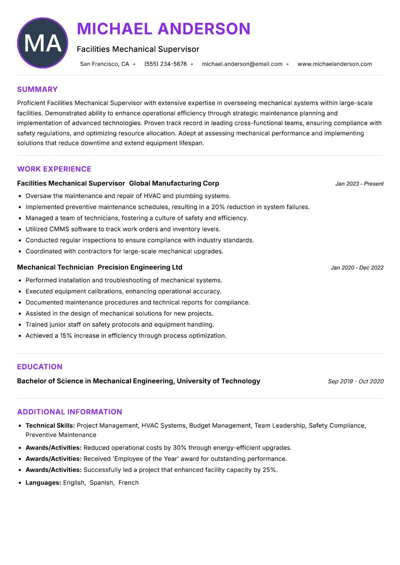 Facilities Mechanical Supervisor resume example — ATS-friendly template