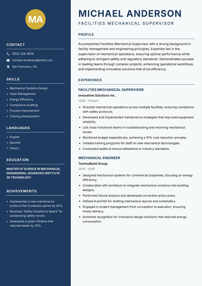 Facilities Mechanical Supervisor resume template — Classic Clean