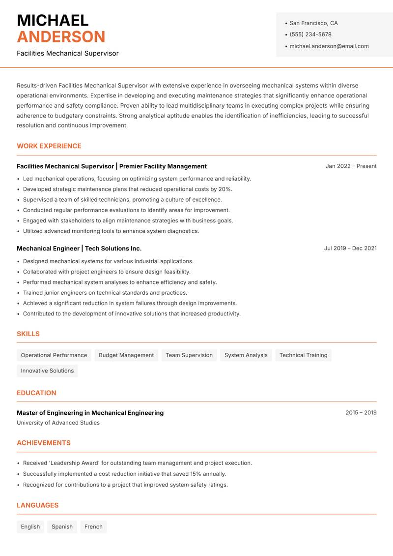 Facilities Mechanical Supervisor resume template — Modern Professional