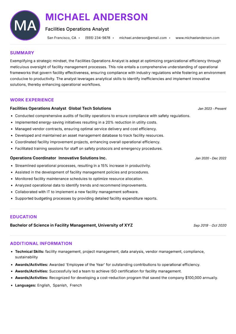 Facilities Operations Analyst resume example — ATS-friendly template