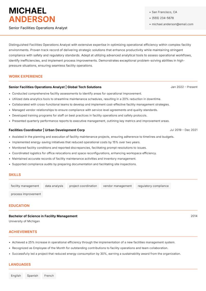 Facilities Operations Analyst resume template — Modern Professional