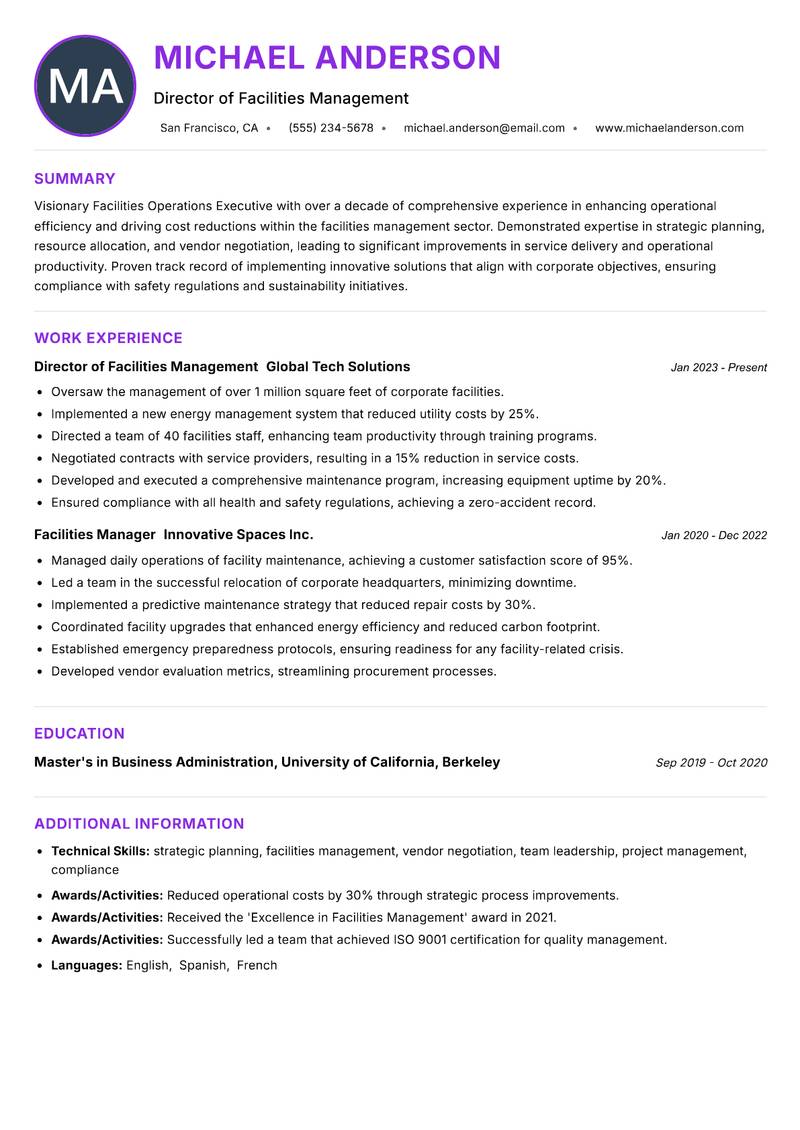 Facilities Operations Executive resume example — ATS-friendly template