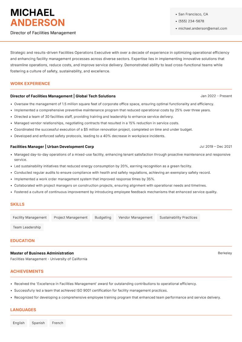 Facilities Operations Executive resume template — Modern Professional