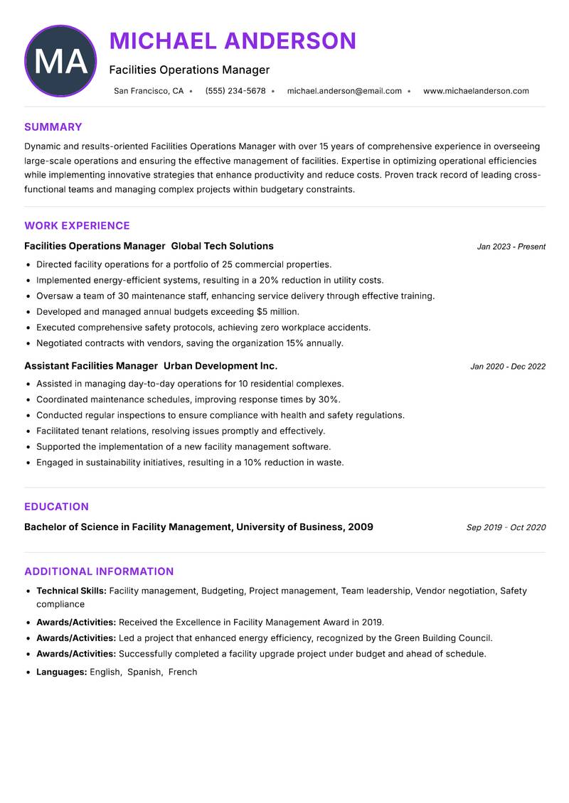 Facilities Operations Manager resume example — ATS-friendly template