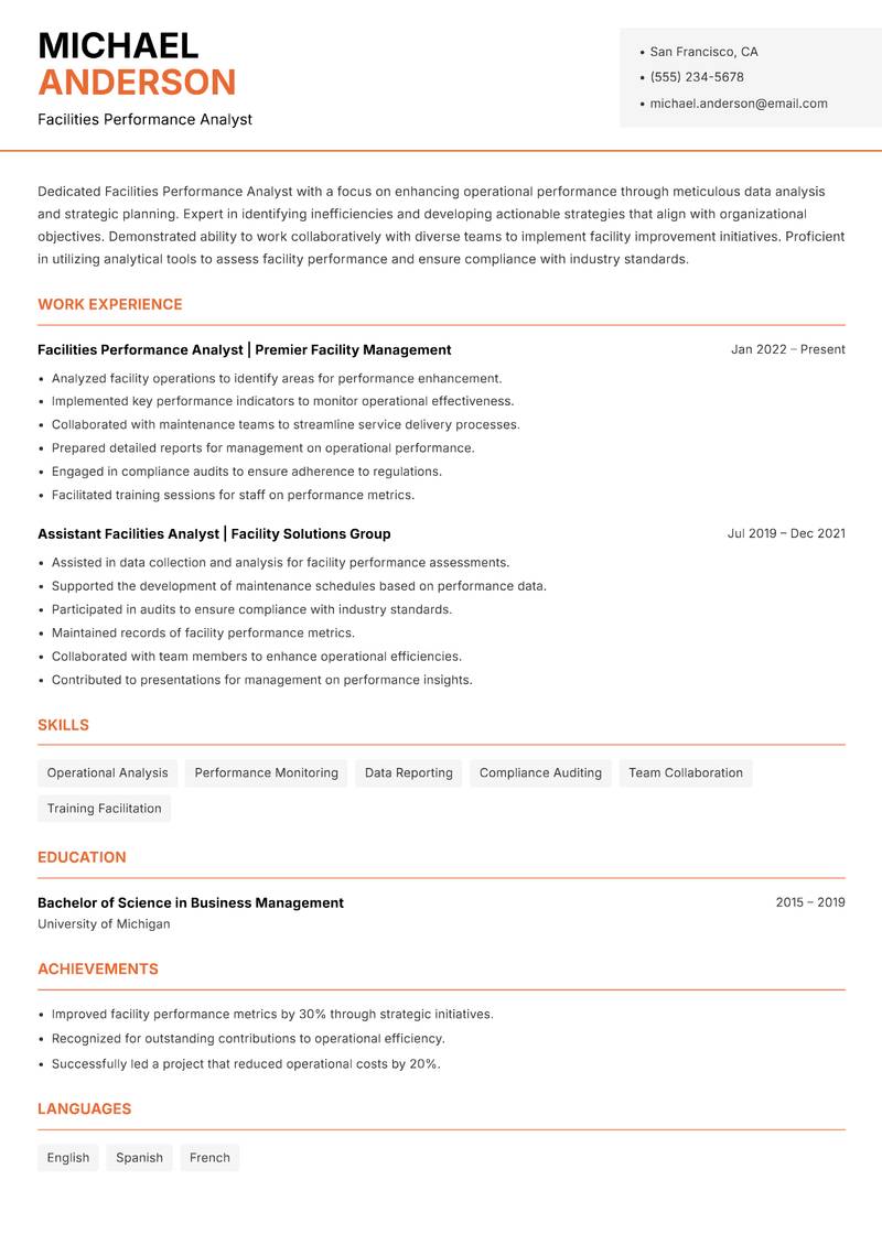 Facilities Performance Analyst resume template — Modern Professional