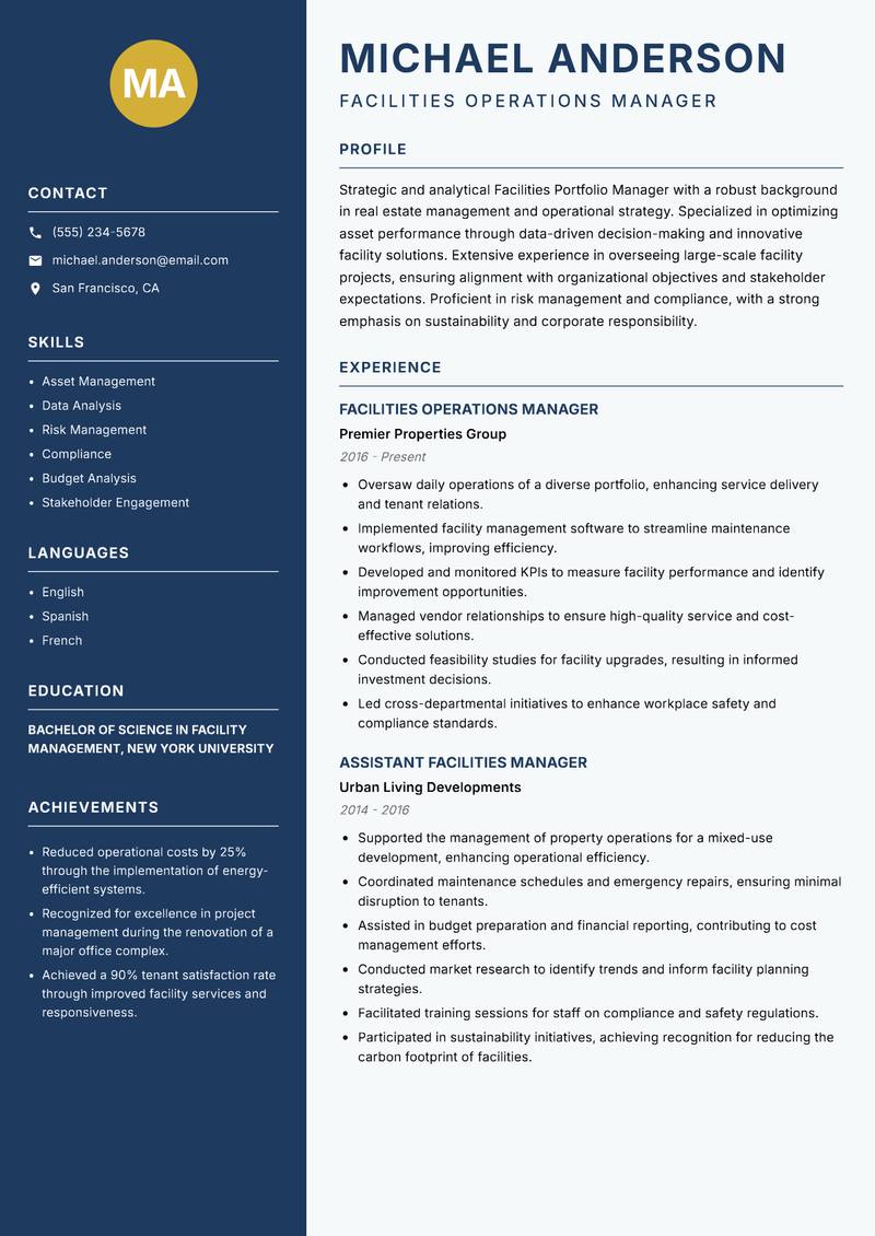 Facilities Portfolio Manager resume template — Classic Clean