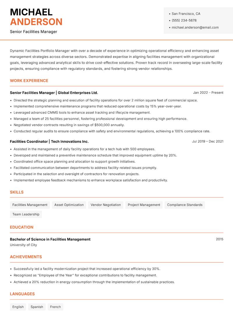 Facilities Portfolio Manager resume template — Modern Professional