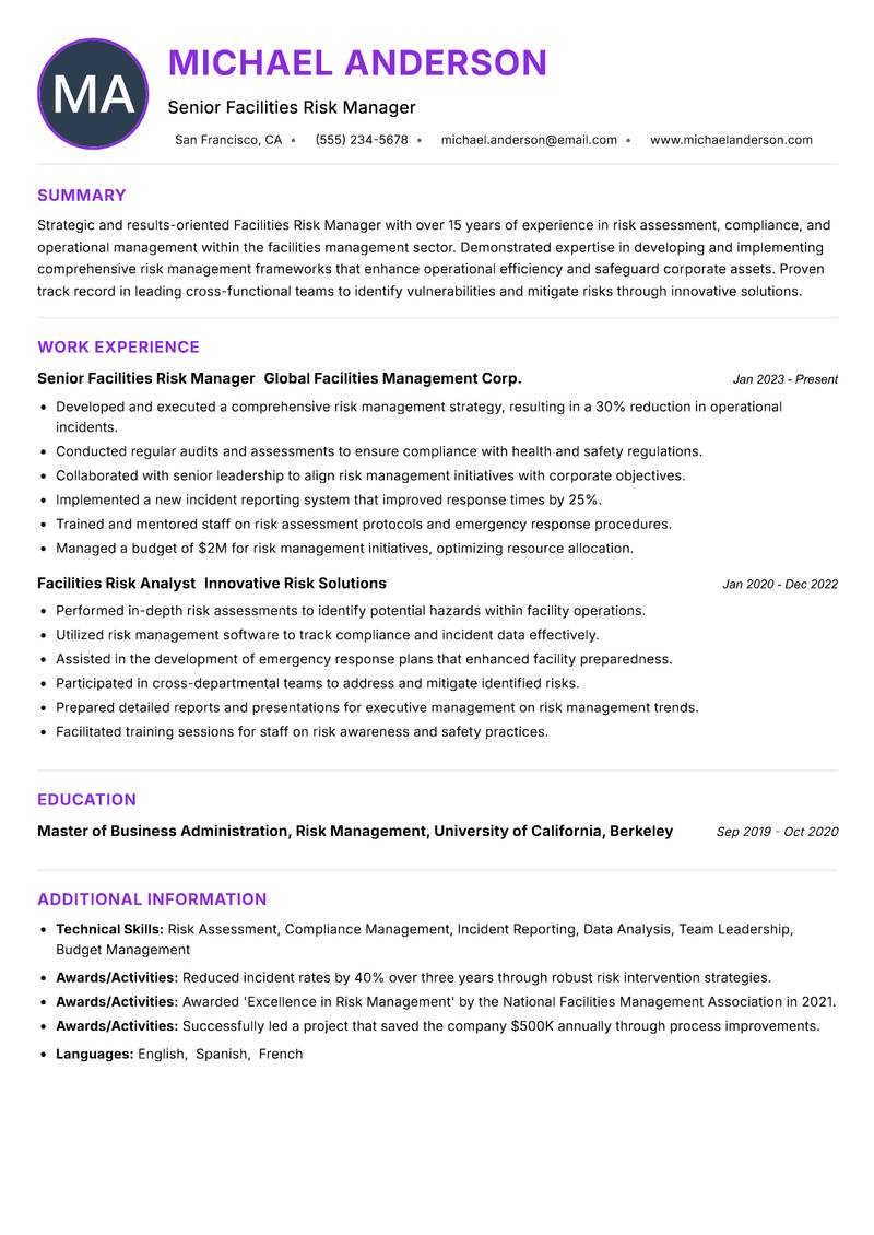 Facilities Risk Manager resume example — ATS-friendly template