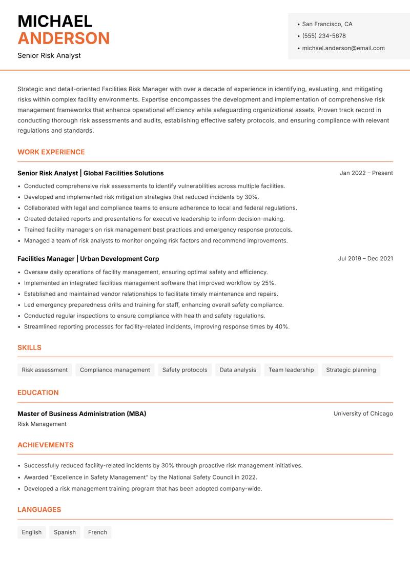 Facilities Risk Manager resume template — Modern Professional