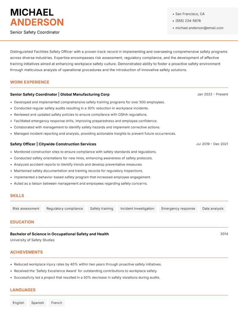 Facilities Safety Officer resume template — Modern Professional