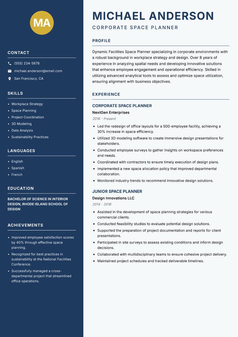 Facilities Space Planner resume template — Classic Clean