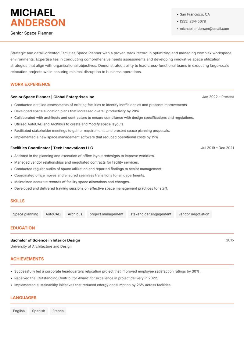 Facilities Space Planner resume template — Modern Professional