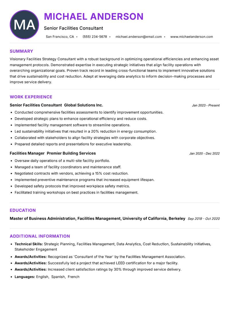 Facilities Strategy Consultant resume example — ATS-friendly template