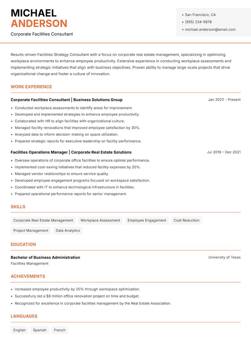 Facilities Strategy Consultant resume template — Modern Professional