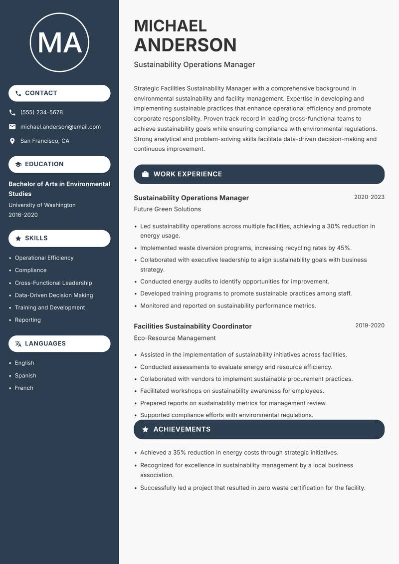 Facilities Sustainability Manager resume template — Compact