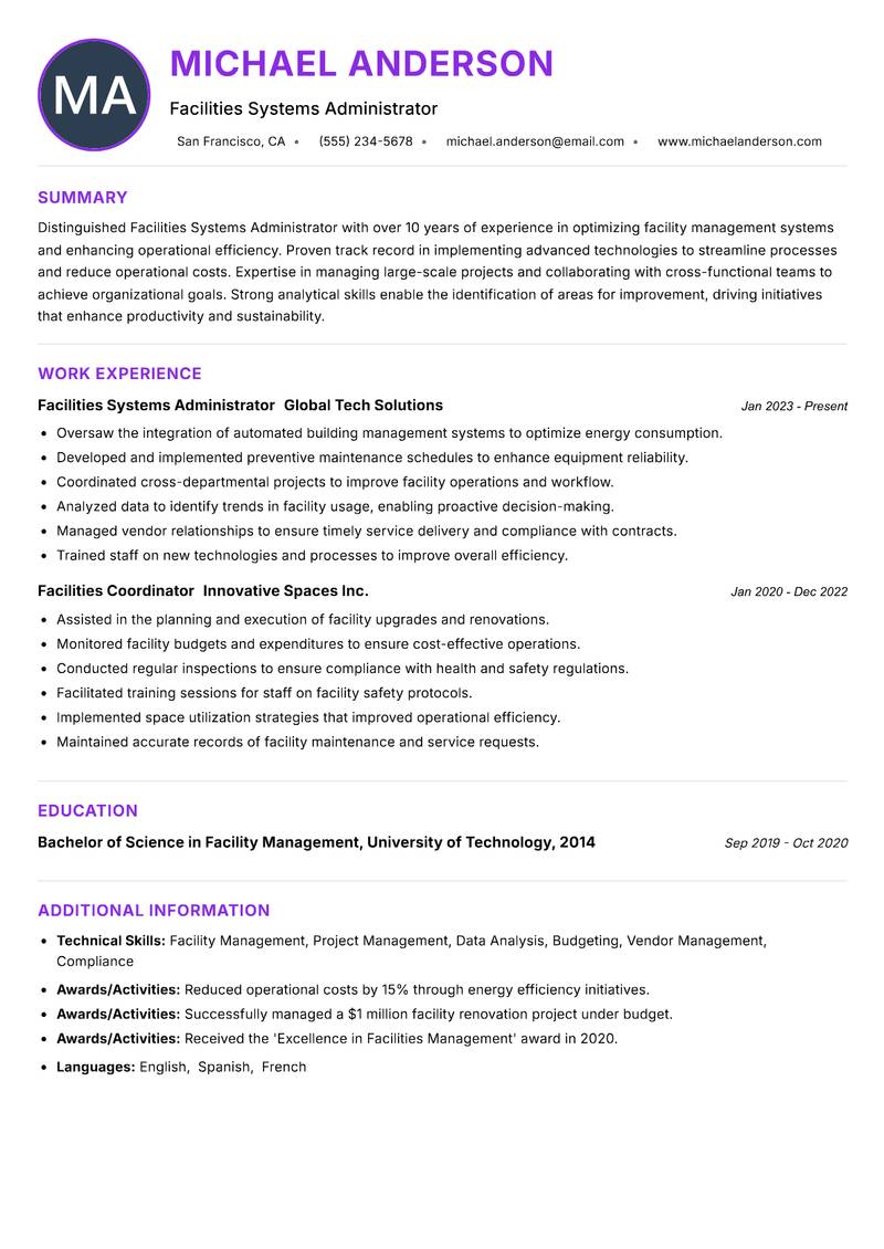 Facilities Systems Administrator resume example — ATS-friendly template