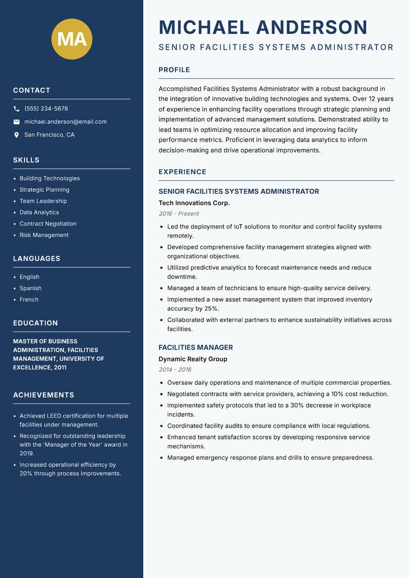 Facilities Systems Administrator resume template — Classic Clean