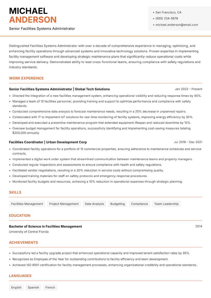 Facilities Systems Administrator resume template — Modern Professional