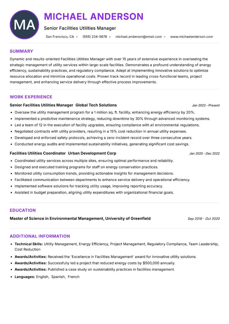 Facilities Utilities Manager resume example — ATS-friendly template