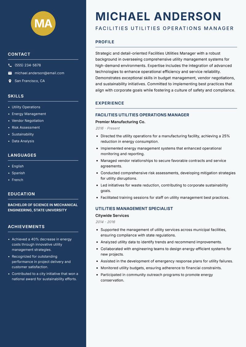 Facilities Utilities Manager resume template — Classic Clean