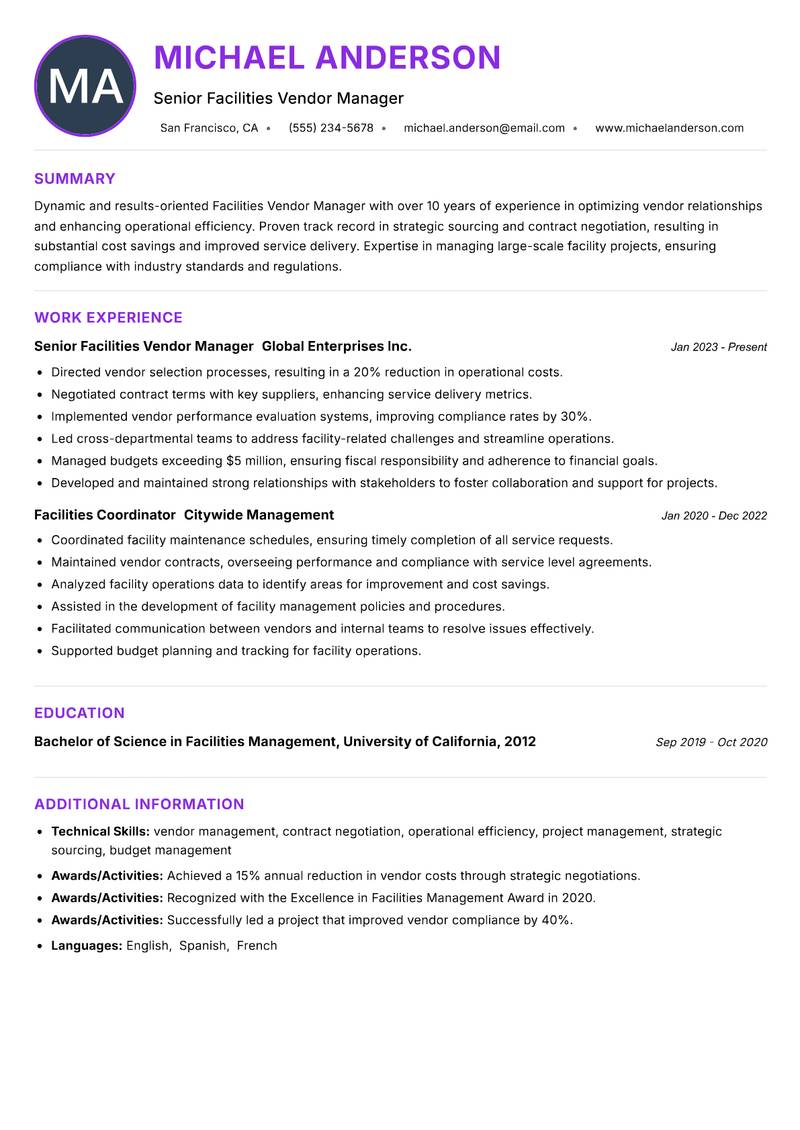 Facilities Vendor Manager resume example — ATS-friendly template