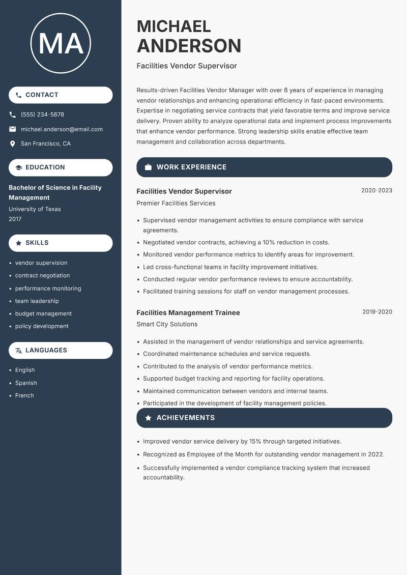 Facilities Vendor Manager resume template — Compact